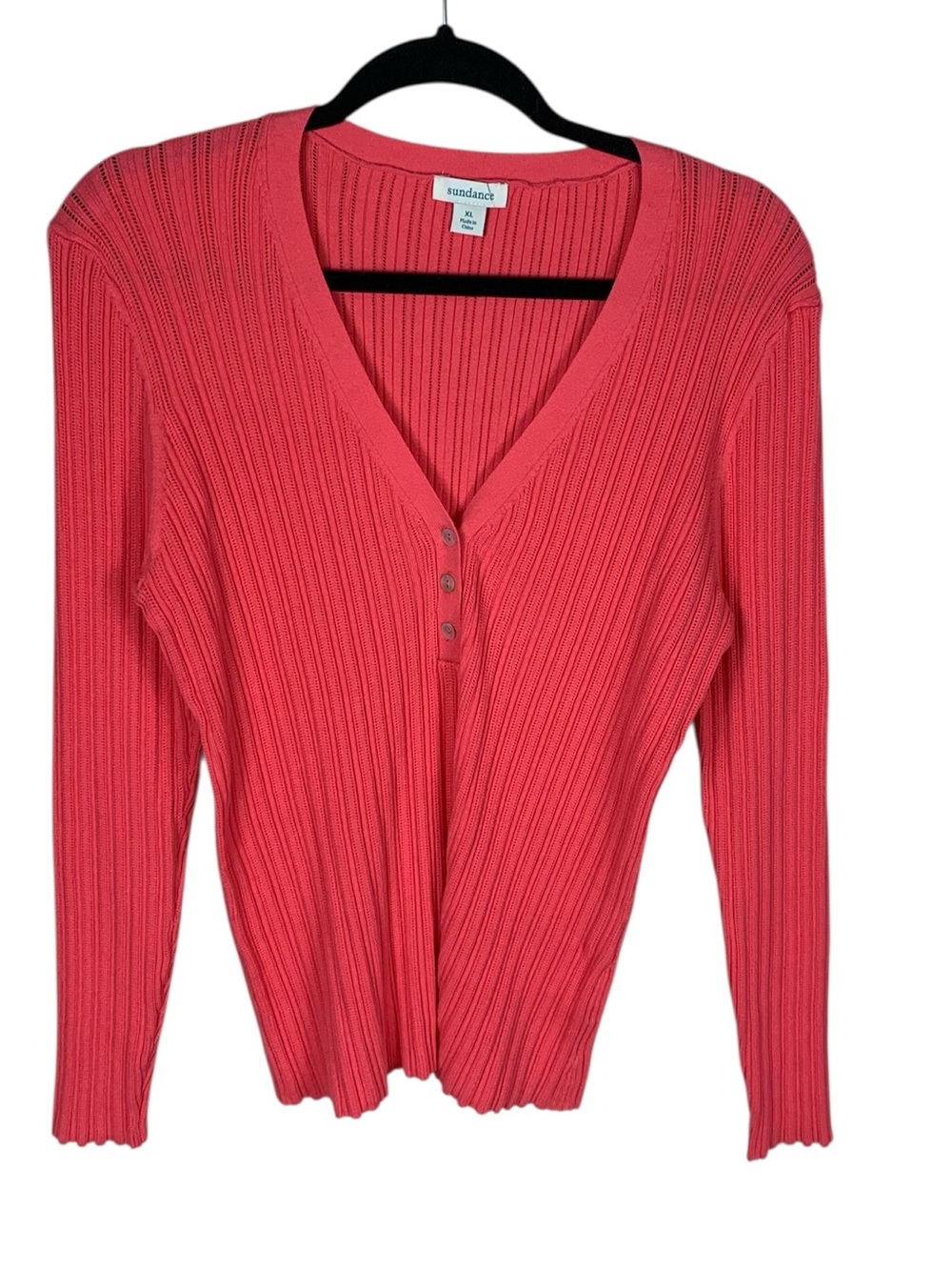 Women's Sundance Coral Long Sleeve Henley Rib Knit Sweater Size XL Beach Y2K